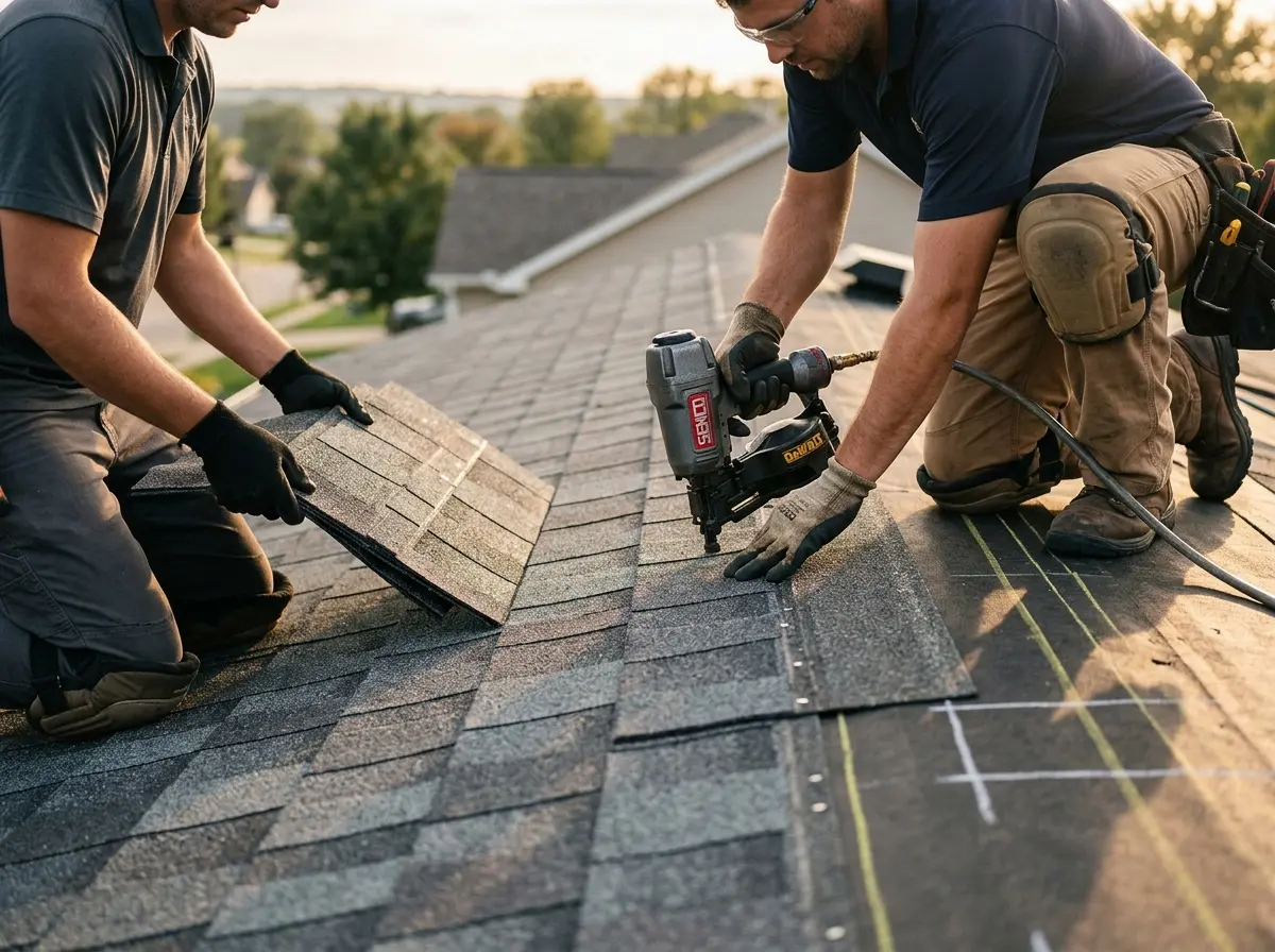Professional roofer working on a residential roof in Hasbrouck Heights